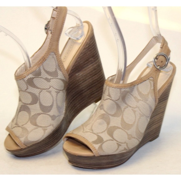 Coach Shoes - Coach Janet Beige Signature Logo Peep Toe Wedges